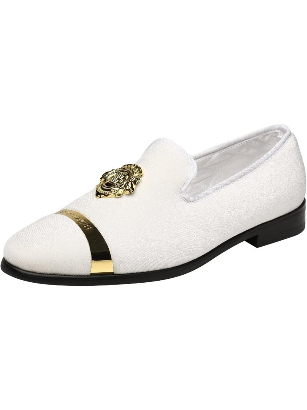 ELANROMAN Men's White Velvet Loafers Dress Gold Buckle Wedding Party Prom Shoes